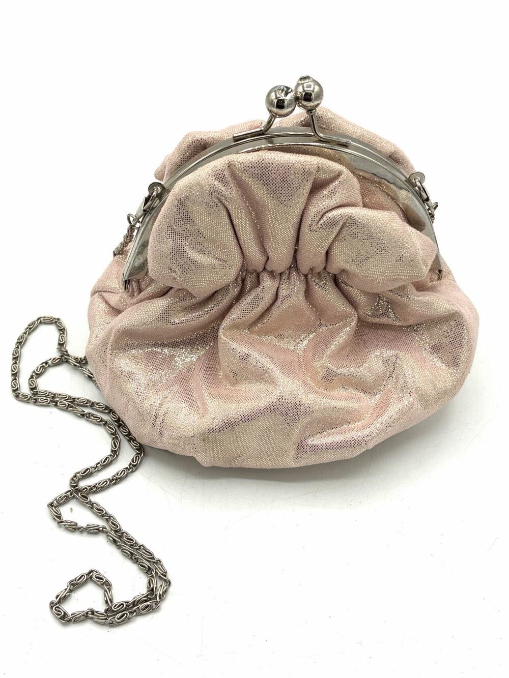 Blush Pink Metallic Evening Bag Rhinestone Kiss Clasp Chain Purse 7x5